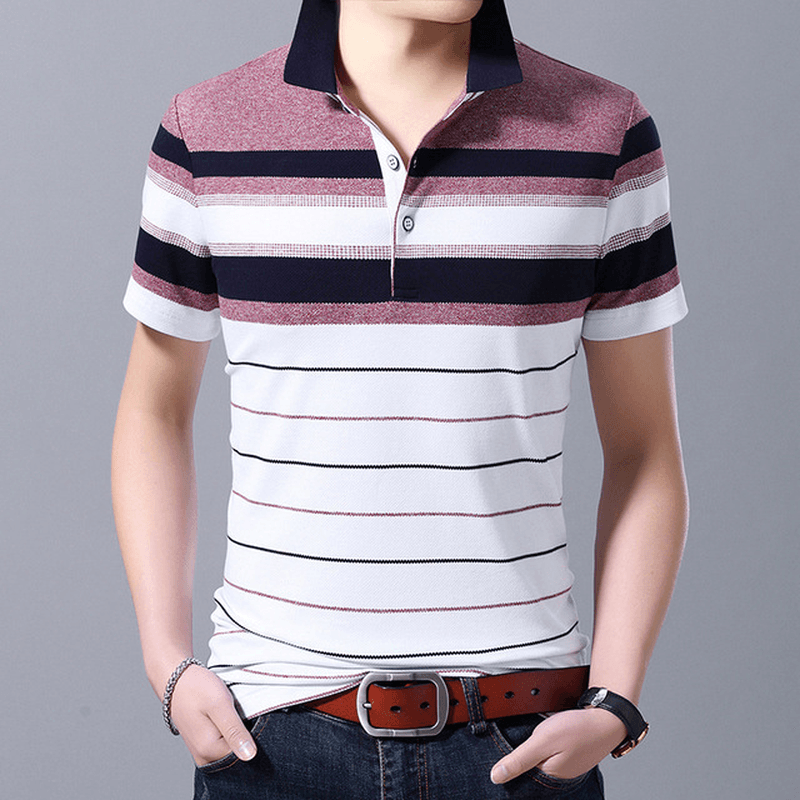 Men Short-Sleeved T-Shirt Striped Shirt Collar Half-Sleeved - MRSLM