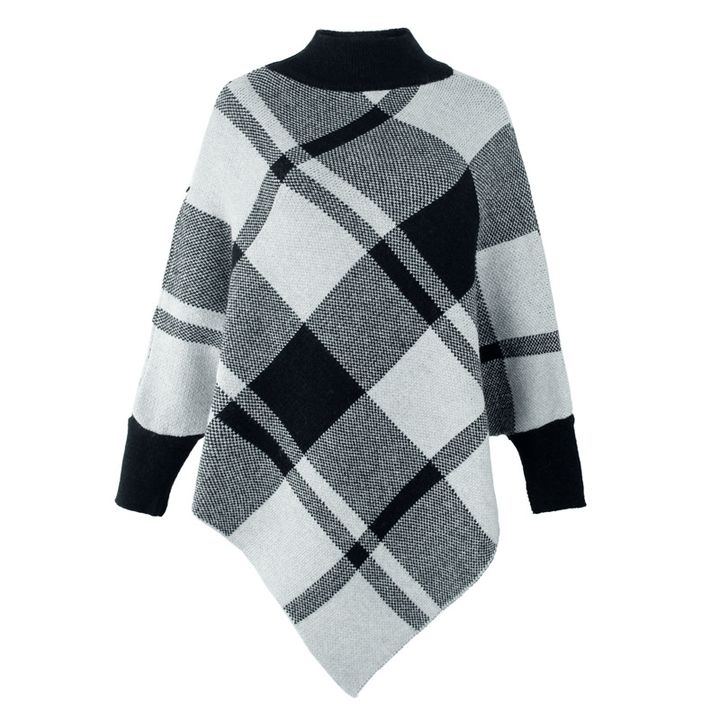 Color Block Check Cape Bat Sleeve Pullover Knit Shawl - MRSLM