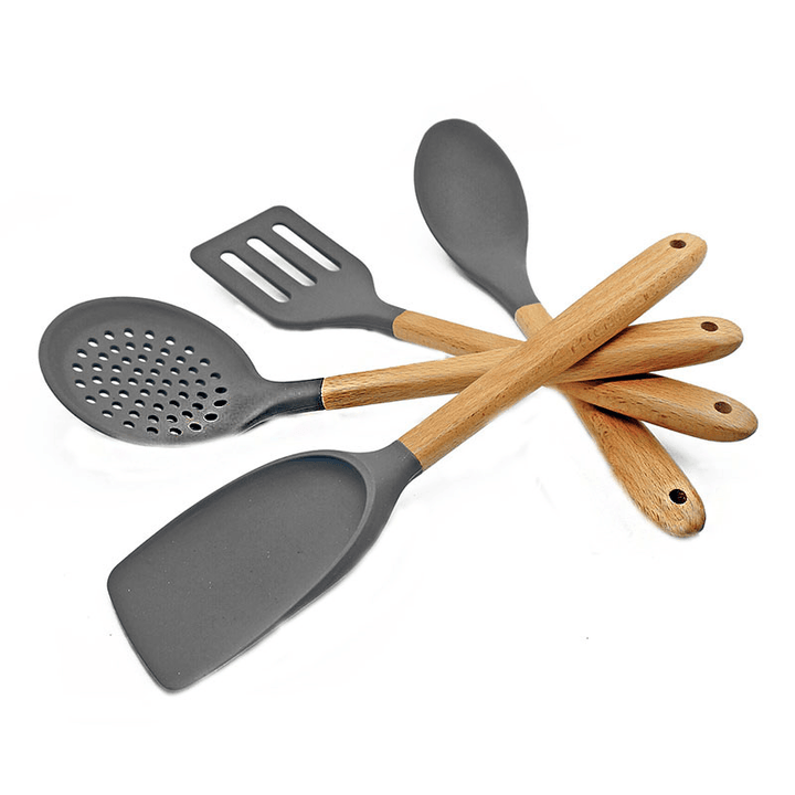 7 Pcs Wooden Handle Silicone Kitchenware Outdoor Camping Tableware Portable Multi Cooking Tools - MRSLM
