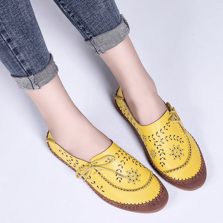 Women Genuine Leather plus Size Breathable Hollow Out Soft Sole Casual Flats Loafers - MRSLM