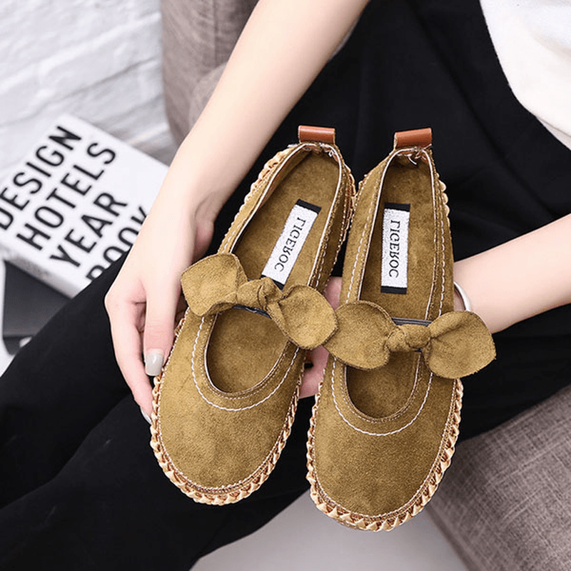 Women Bowknot round Toe Slip-On Suede Outdoor Flat Casual Shoes - MRSLM