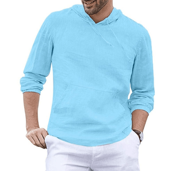 Men'S Cotton and Linen Pullover Long Sleeved Hooded T Shirt - MRSLM