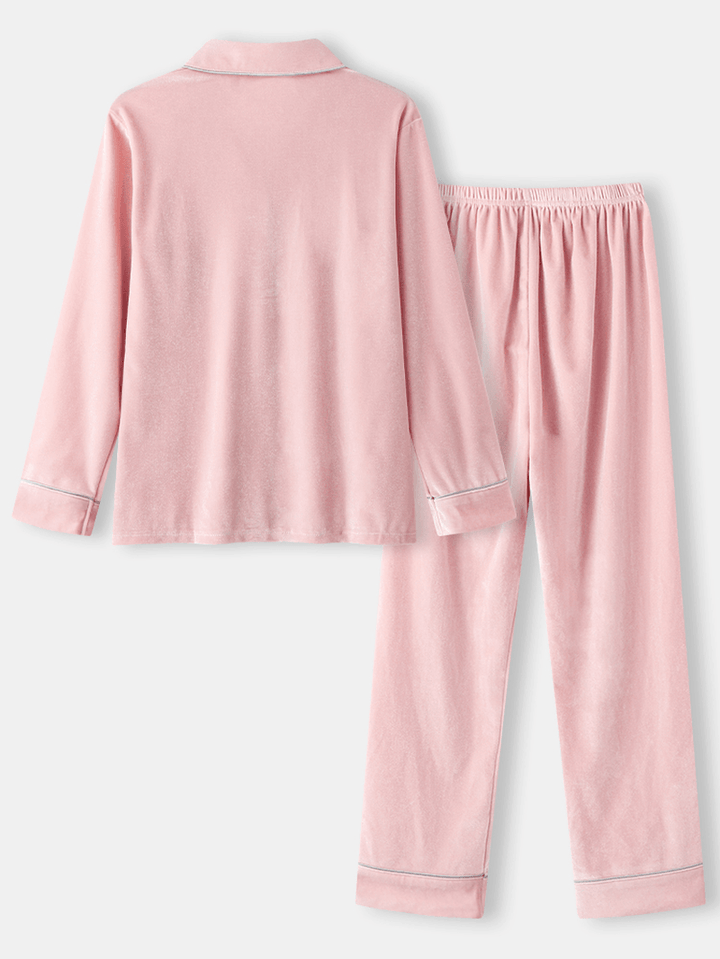 Women Butterfly Embroidery Pocket Shirt Velvet Elastic Waist Pant Home Pajamas - MRSLM