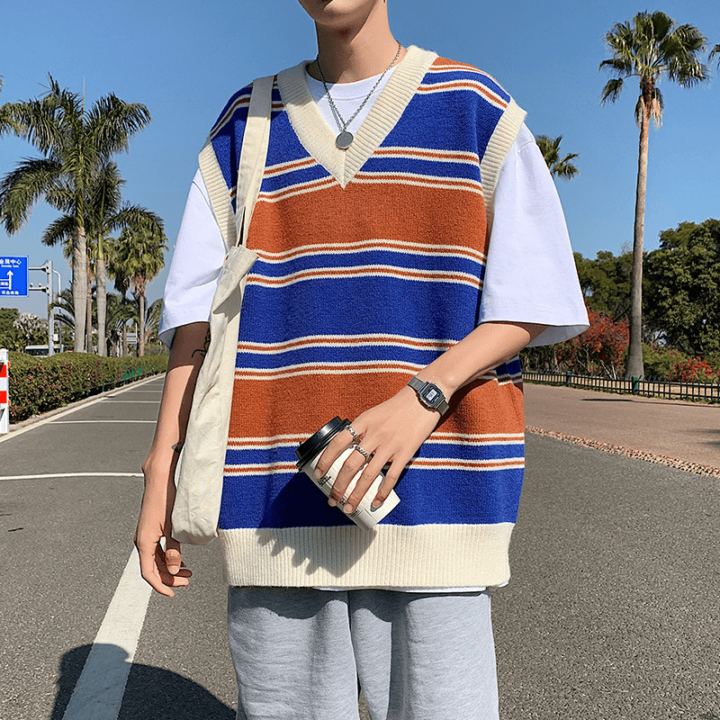 Men'S Korean Loose Striped V-Neck Sweater - MRSLM