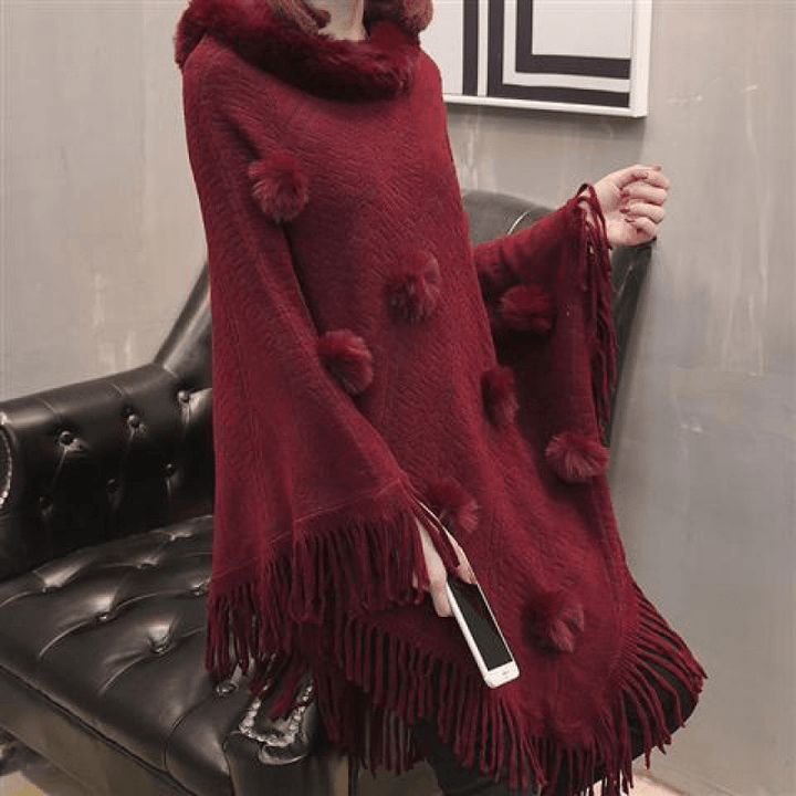 Loose Outer Wear Fur Collar Bat Shirt with Hand-Woven Tassels - MRSLM