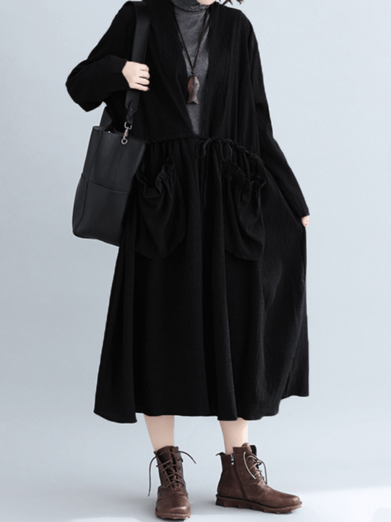 Women Pure Color Cotton Loose Long Sleeve Pockets Trench - MRSLM
