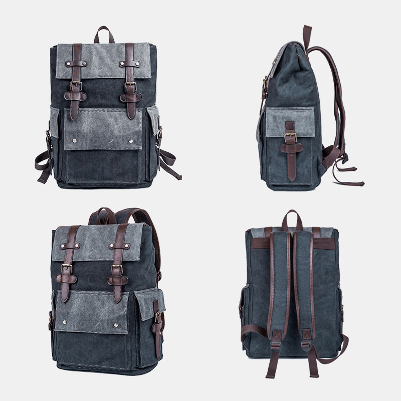 Men Large Capacity Wear-Resistant Canvas Backpack Vintage Casual 15.6 Inch Laptop Bag - MRSLM