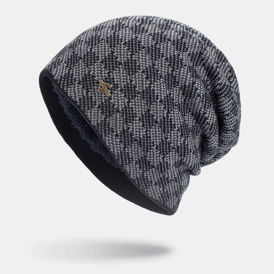 Men Knitted plus Velvet Lattice Jacquard Letter Iron Label Brimless Beanie Hat - MRSLM