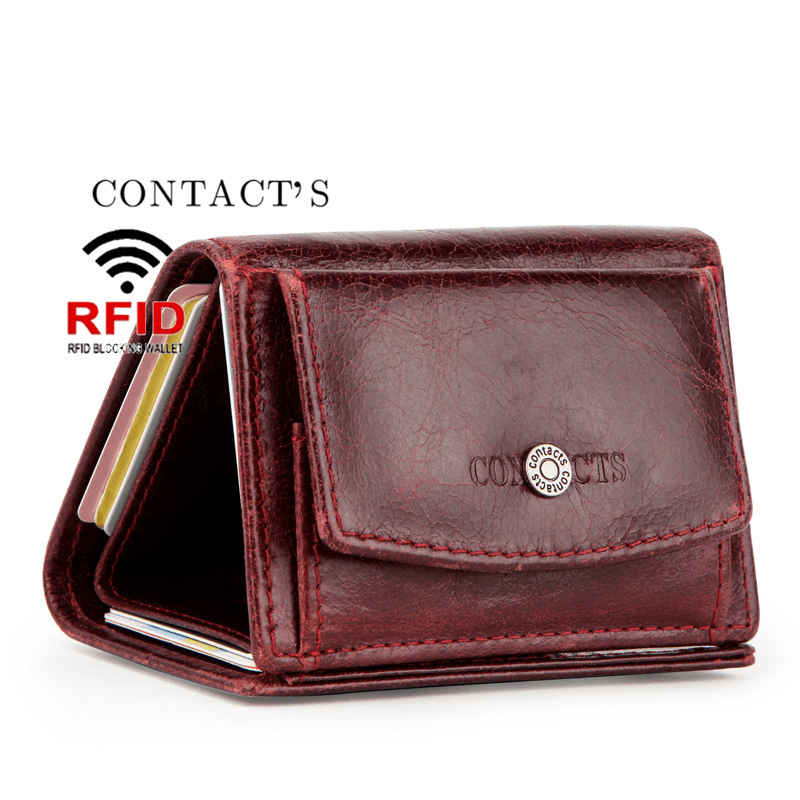 Women Genuine Leather RFID Anti-Theft Brush Leather Lady Mini Wallet Multi-Function Tri Fold Small Coin Purse - MRSLM