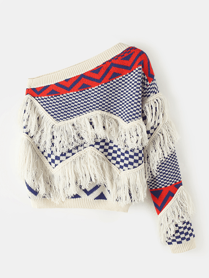 Women Grid Pattern Knitted Stitching One Shoulder Tassel Sweater - MRSLM