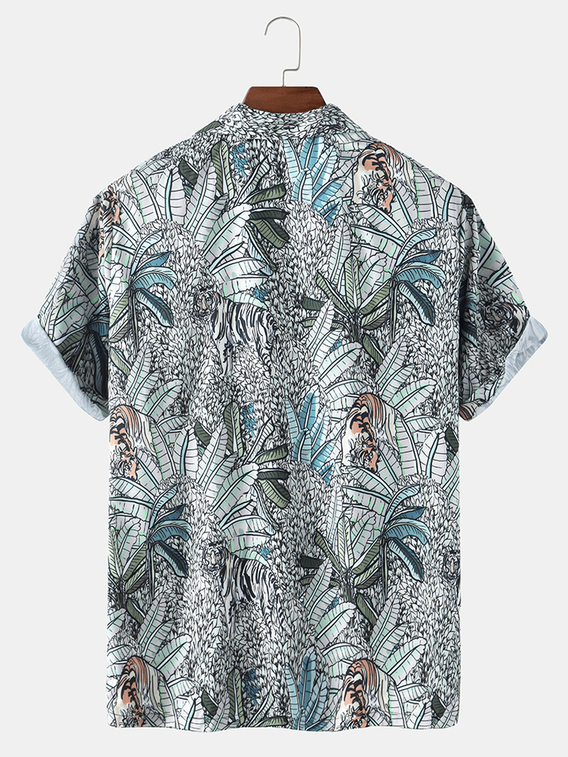 Mens Tropical Leaves Print Hawaii Casual Short Sleeve Shirts - MRSLM