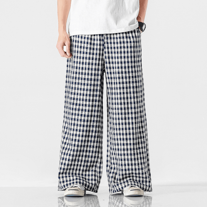 Summer plus Size Chinese Style Cotton and Linen Plaid Baggy Pants - MRSLM