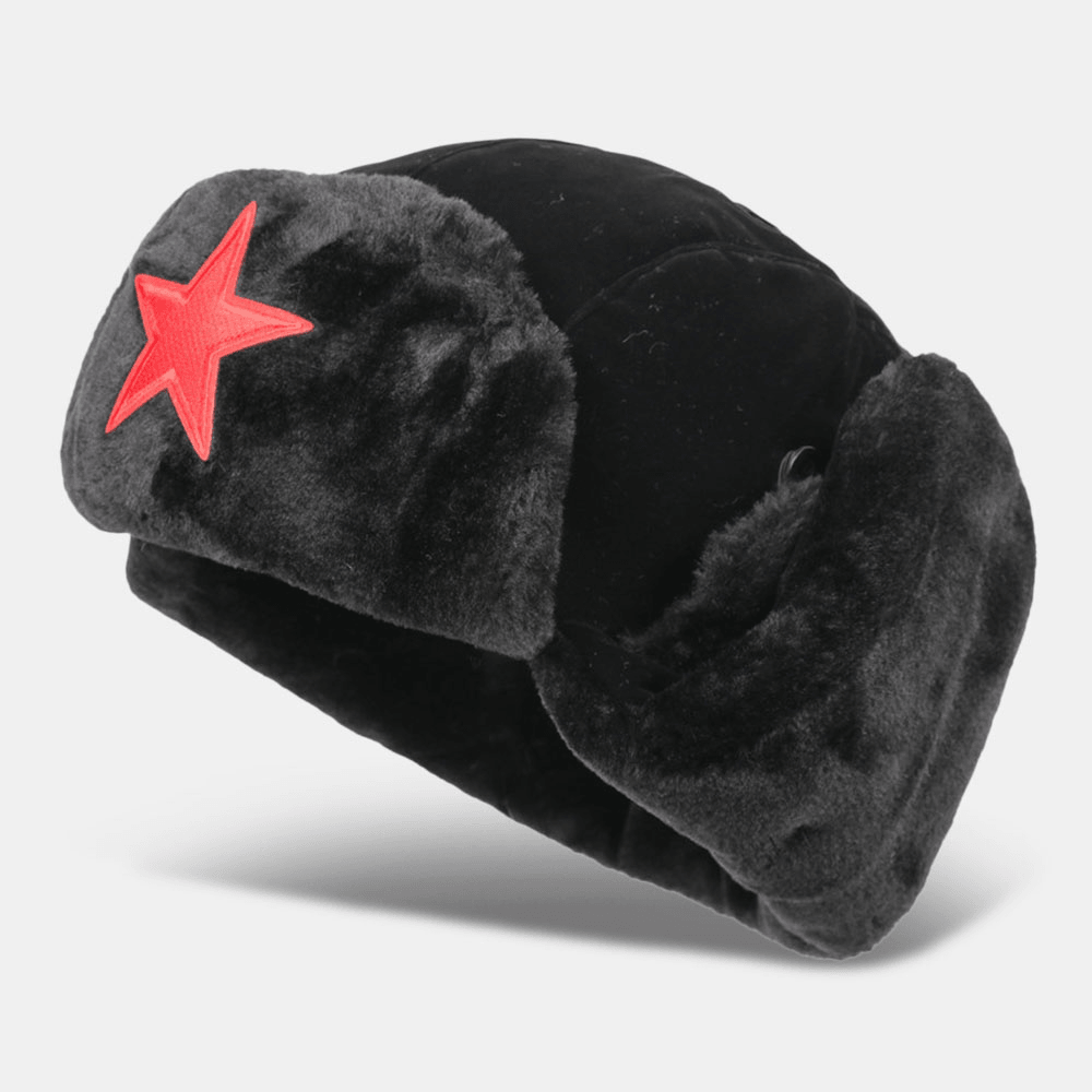 Men Plush Thicken Solid Pentagram Badge Patch Outdoor Windproof Ear Protection Warmth Trapper Hat - MRSLM