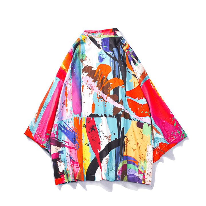 Japanese Tang Suit Color Graffiti Road Robe Sunscreen Coat Three-Quarter Sleeve Couple Male Kimono Loose Thin Section - MRSLM