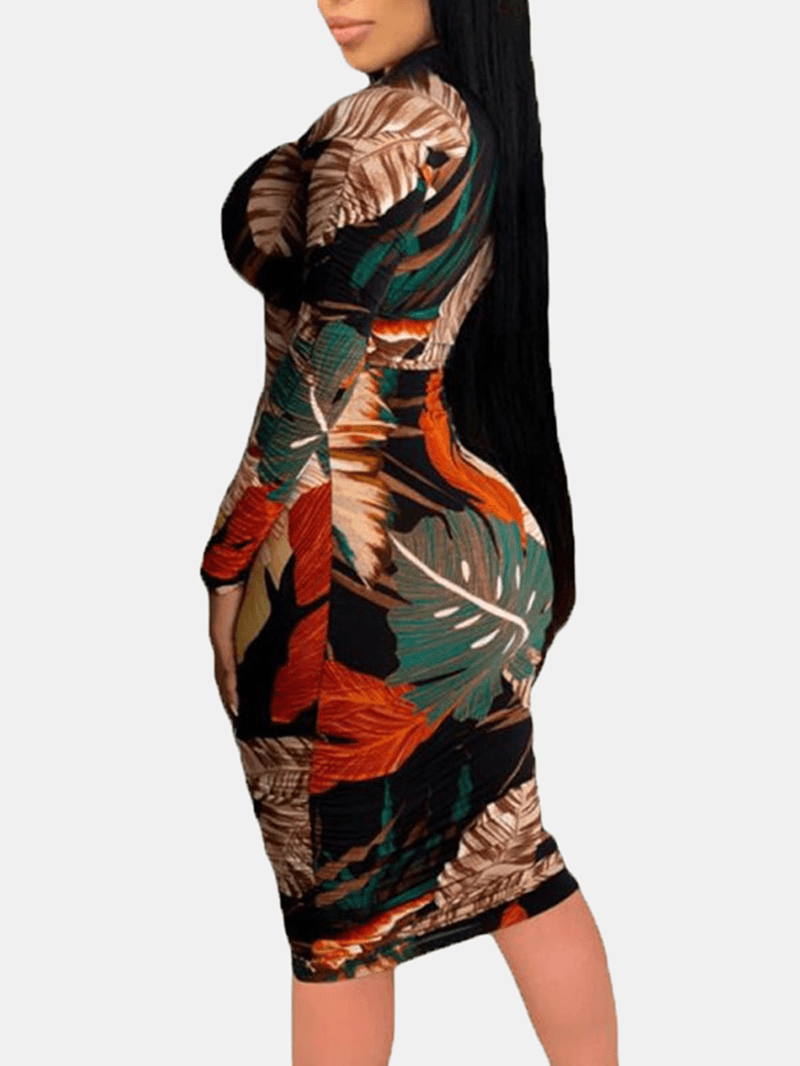 Women Plant Leaves Print Long Sleeve Zipper Elegant Midi Dress - MRSLM