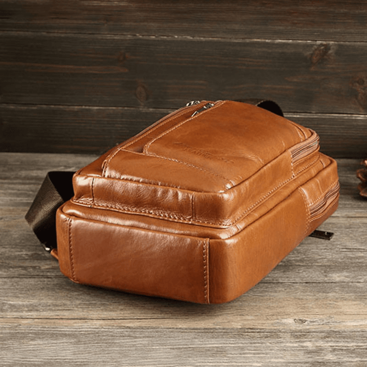 Men Retro Soft Leather Multi-Pocket Chest Bag Multifunction Large Capacity Messenger Bag Single Shoulder Bag - MRSLM