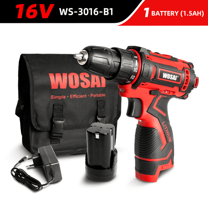 WOSAI 16V Cordless Drill Electric Screwdriver 3/8 Inch Mini Wireless Power Driver DC Lithium-Ion Battery - MRSLM