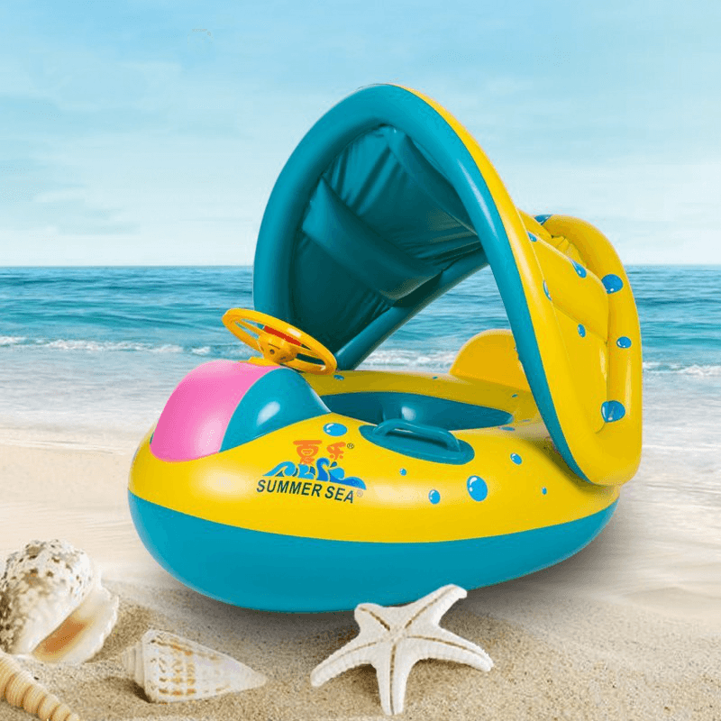 Baby Inflatable Swimming Float Ring PVC Lying Water Seat Boat Sunshade Pool Mattress with Canopy Kid Gift - MRSLM