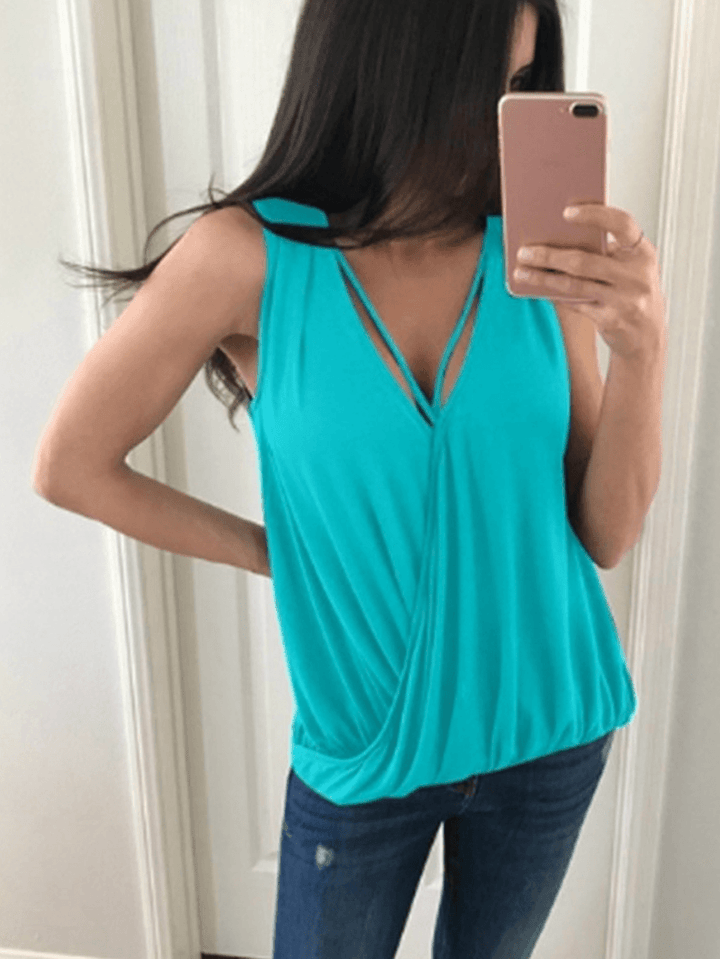 Solid Color V-Neck Sleeveless Pleated Casual Tank Tops - MRSLM