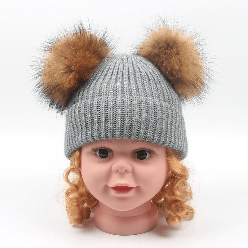 Children'S Double Hair Ball Curling Autumn and Winter Warm Earmuffs Knitted Hat - MRSLM