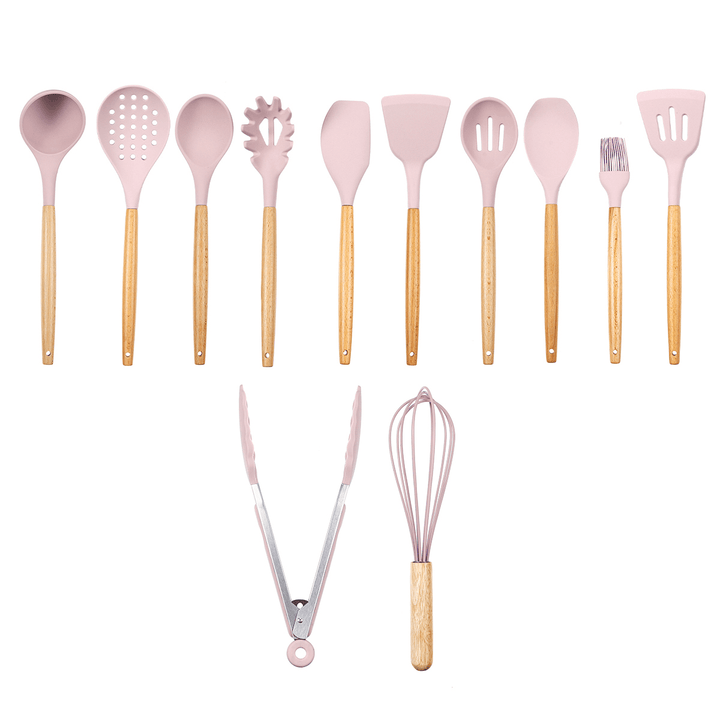 12Pcs Wooden Silicone Kitchen Utensil Nonstick Cooking Tool Spoon Soup Ladle Turner Spatula Tong Cookware Baking Gadget - MRSLM