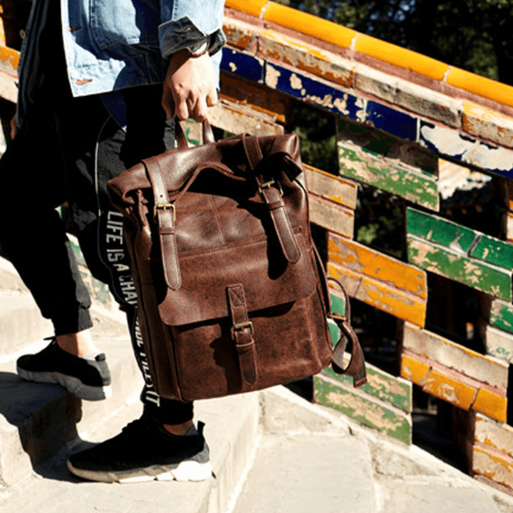 Ekphero Men Women PU Leather Vintage Large Captial Backpack Laptop Bags School Bag Shoulder Bags - MRSLM