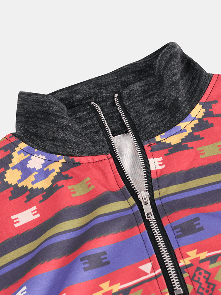 Women Geometric Print Long Sleeve Zipper Lapel Sweatshirt - MRSLM