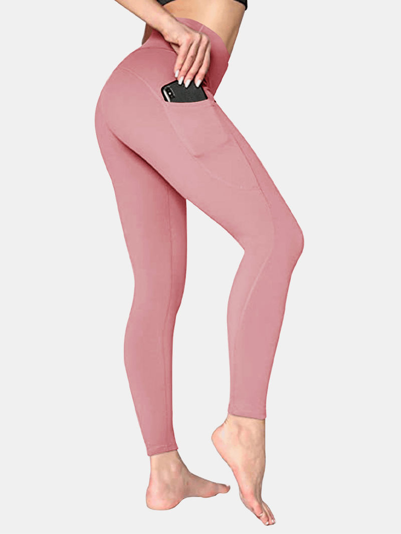 Women Solid Color Side Pocket Hip Lift Sport Yoga Legging - MRSLM