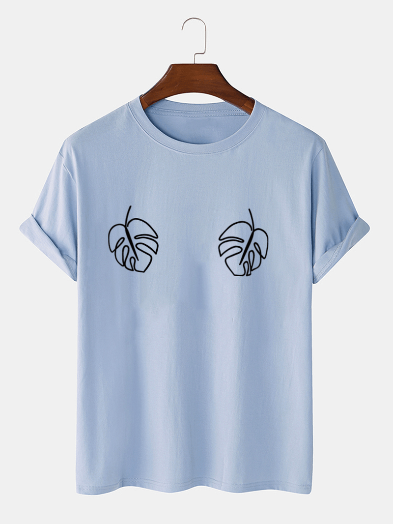 Mens Leaf Chest Print Crew Neck 100% Cotton Short Sleeve T-Shirts - MRSLM