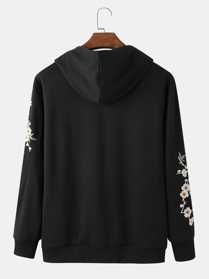 Mens Embroidery Bird Flower Casual Hooded Sweatshirt - MRSLM