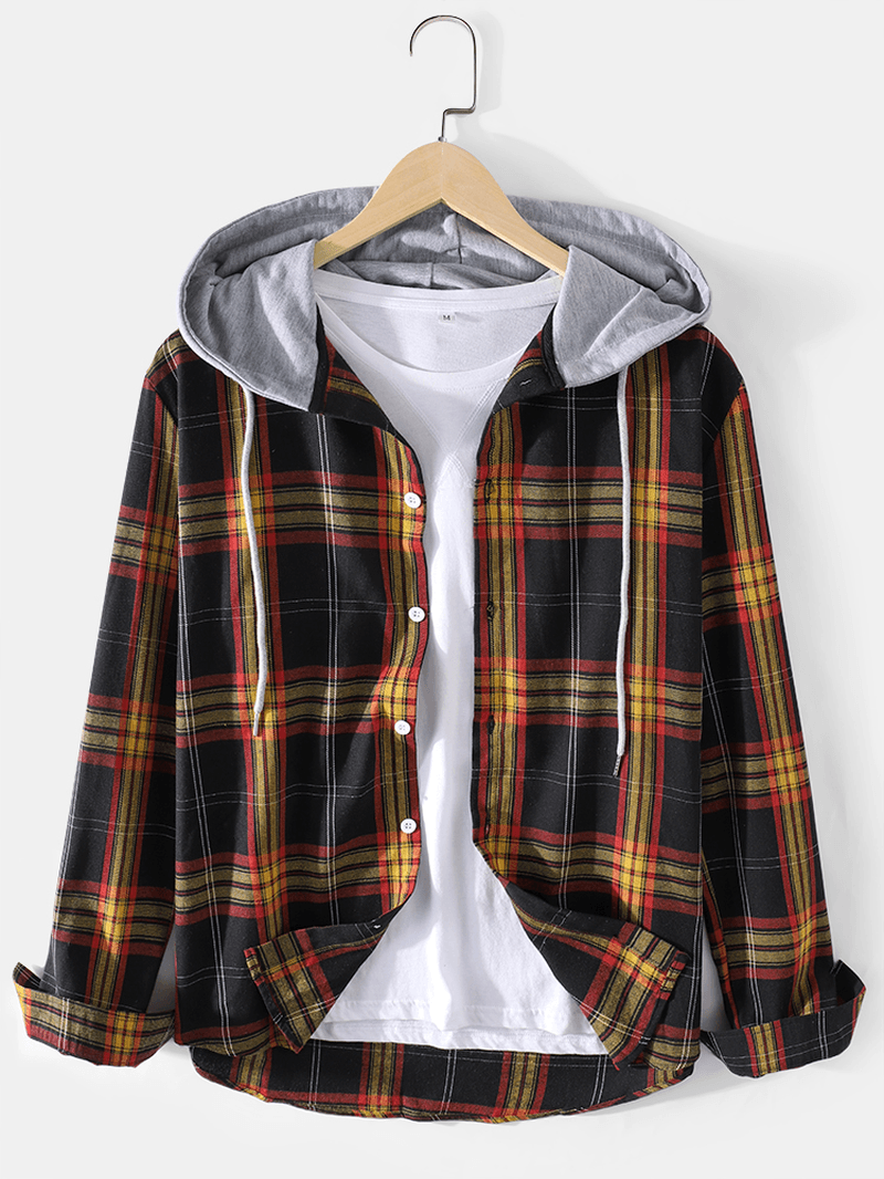 Mens Tartan Button up Long Sleeve Relaxed Fit Drawstring Hooded Jacket - MRSLM