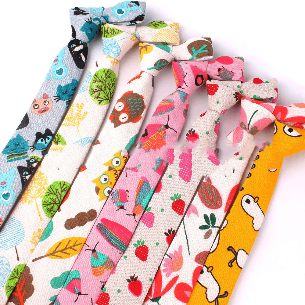 Cartoon Men and Women Tie Cotton, Linen Animal and Plant Print Tie Narrow Version 6Cm - MRSLM