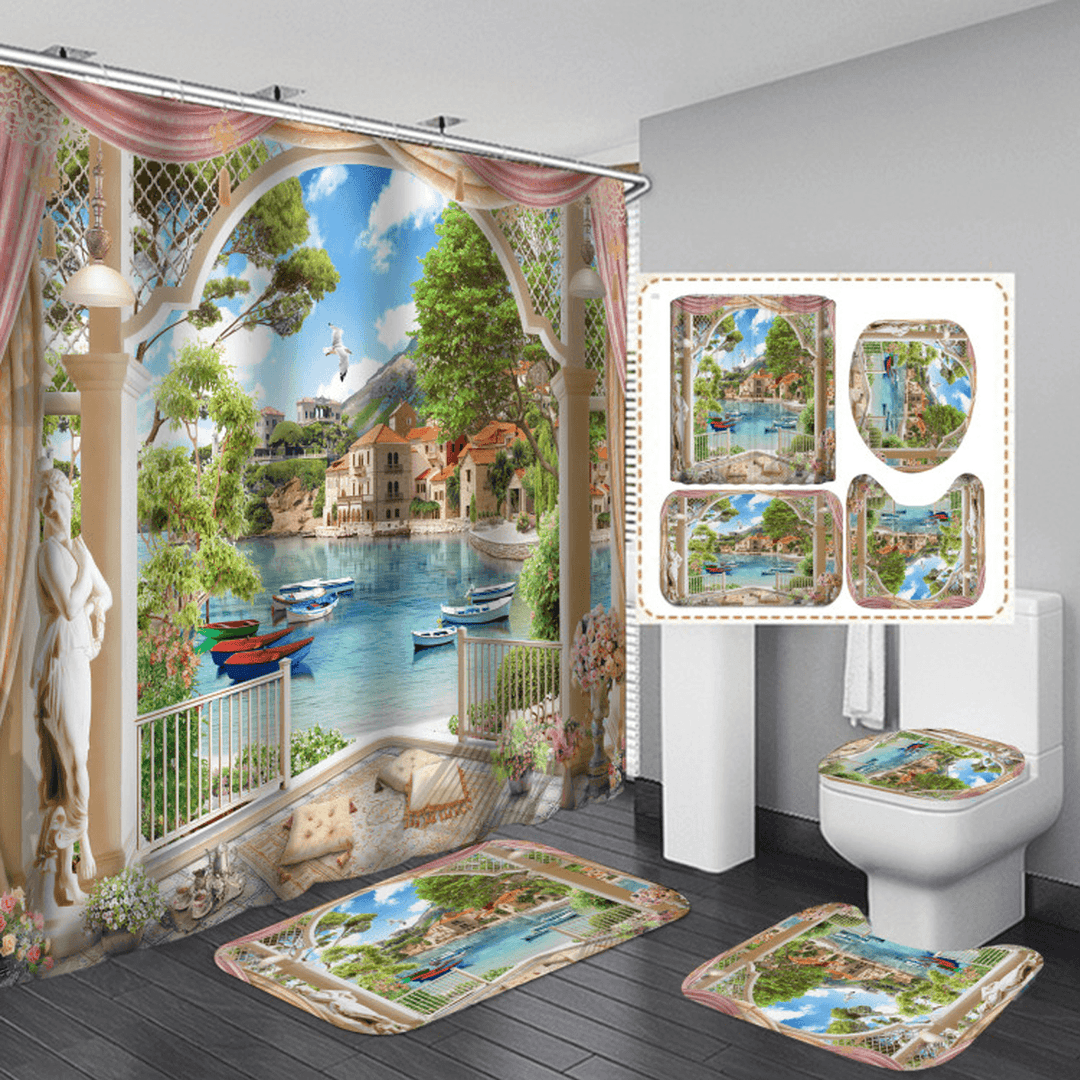 1/3Pcs Bathroom Shower Curtain Mediterranean Sea Printing Set Toilet Cover Mat - MRSLM