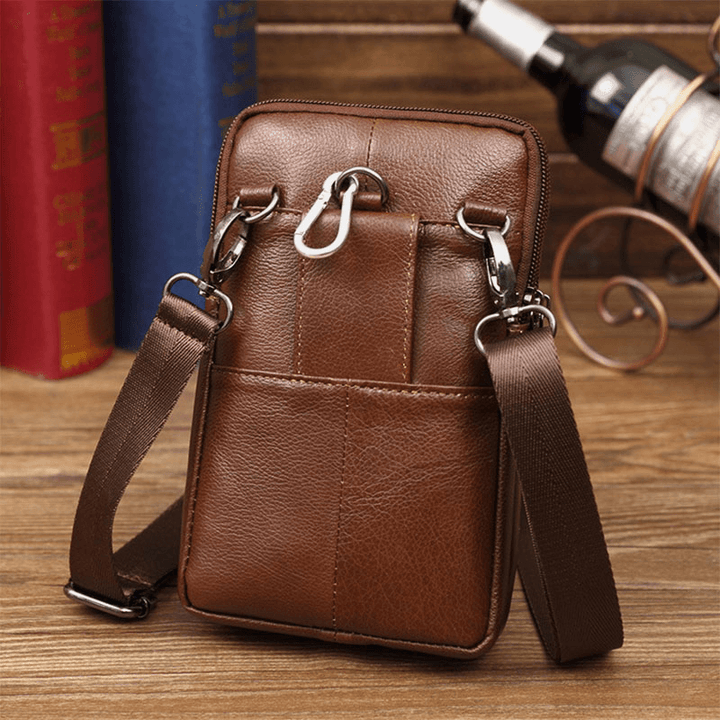 Men'S Genuine Leather Mini Multifunctional Messenger 7 Inch Phone Bag Waist Bag Crossbody Bag - MRSLM