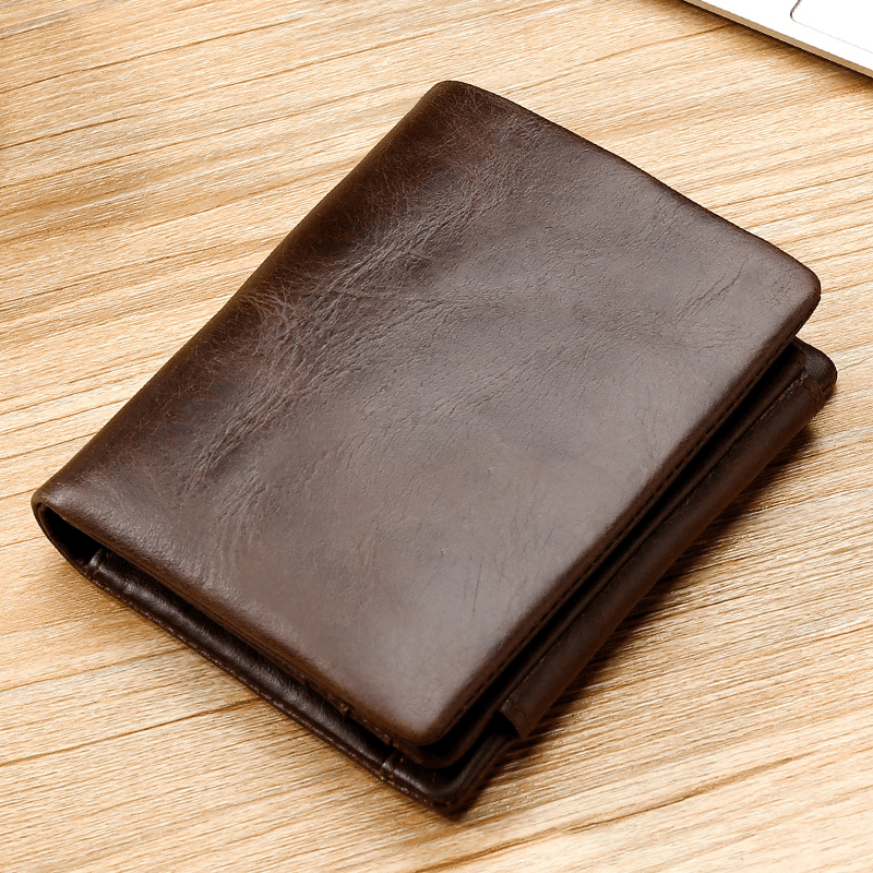 Men Genuine Leather Retro Trifold Multi Card Slot Casual Card Holder Wallet - MRSLM