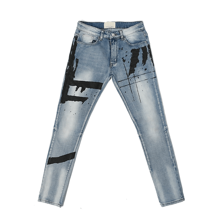 Graffiti Printed Washed and Distressed Slim-Fit Jeans with Small Feet - MRSLM