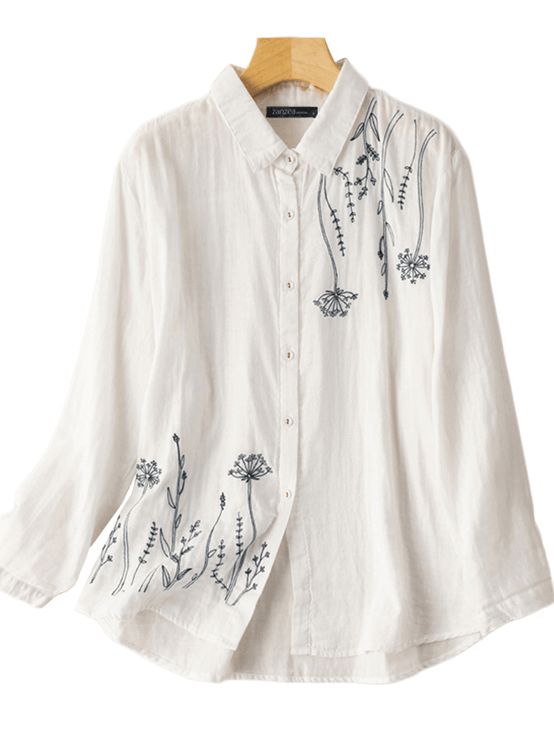 Women Puff Sleeve Flowers Printed Embroidery Button Stand Collar Shirt - MRSLM