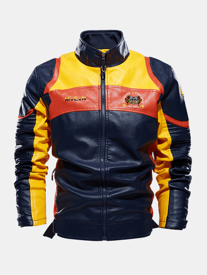 Mens Embroidery Patchwork PU Leather Motorcycle Long Sleeve Jacket - MRSLM