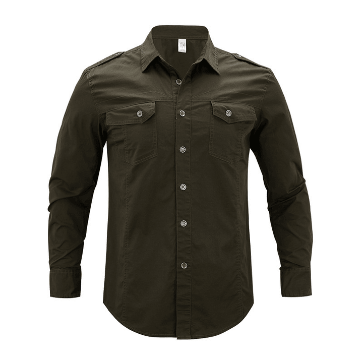 Men'S Military Long Sleeve Dress Shirt with Epaulets - MRSLM