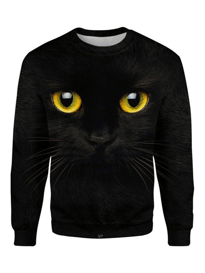 Women Black Cat Print round Neck Pullover Long Sleeve Sweatshirts - MRSLM