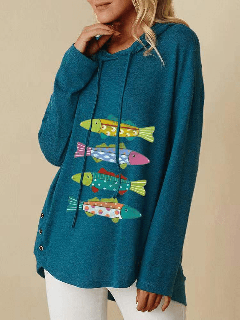 Women Cartoon Fishes Print Side Button Drawstring Casual Loose Pullover Hoodie - MRSLM