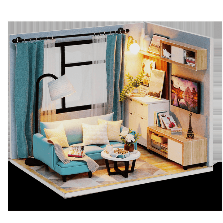 Cuteroom H-017 H-018Happiness Time Living Room Corner DIY Doll House with Furniture Music Light Cover Miniature Model Gift Decor - MRSLM
