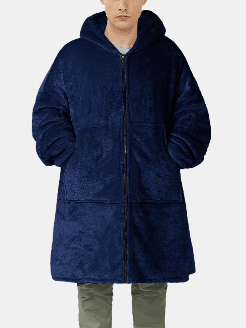 Mens Flannel Warm Soft Solid Color Zipper Kangaroo Pocket Blanket Hoodie Oversized Home Robes - MRSLM