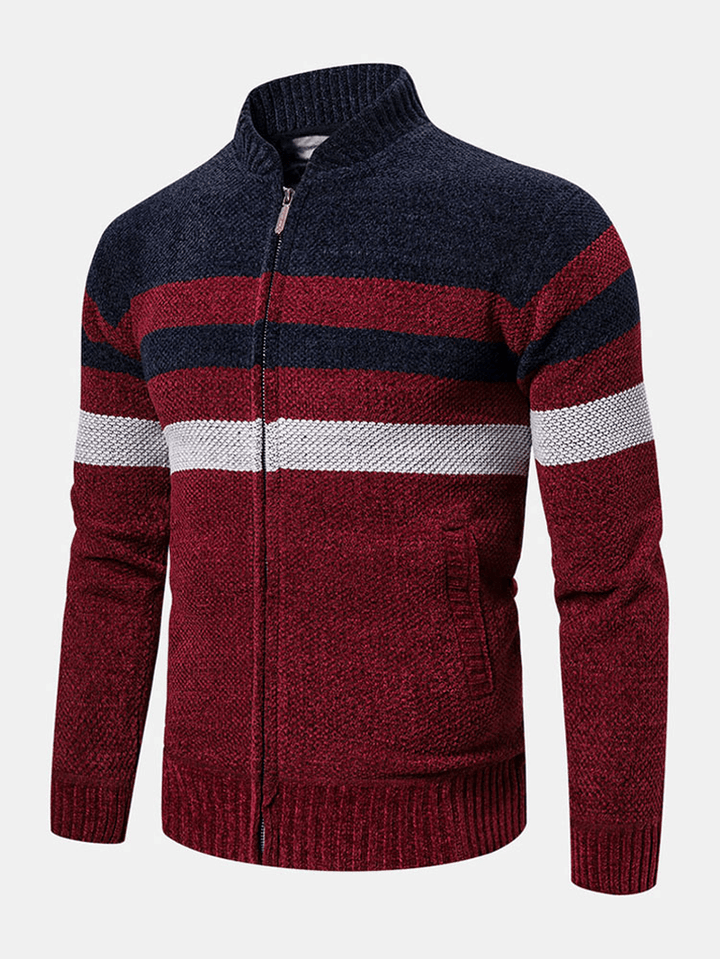 Mens Colorblock Striped Slant Pocket Baseball Collar Long Sleeve Sweater Hoodie Jacket - MRSLM