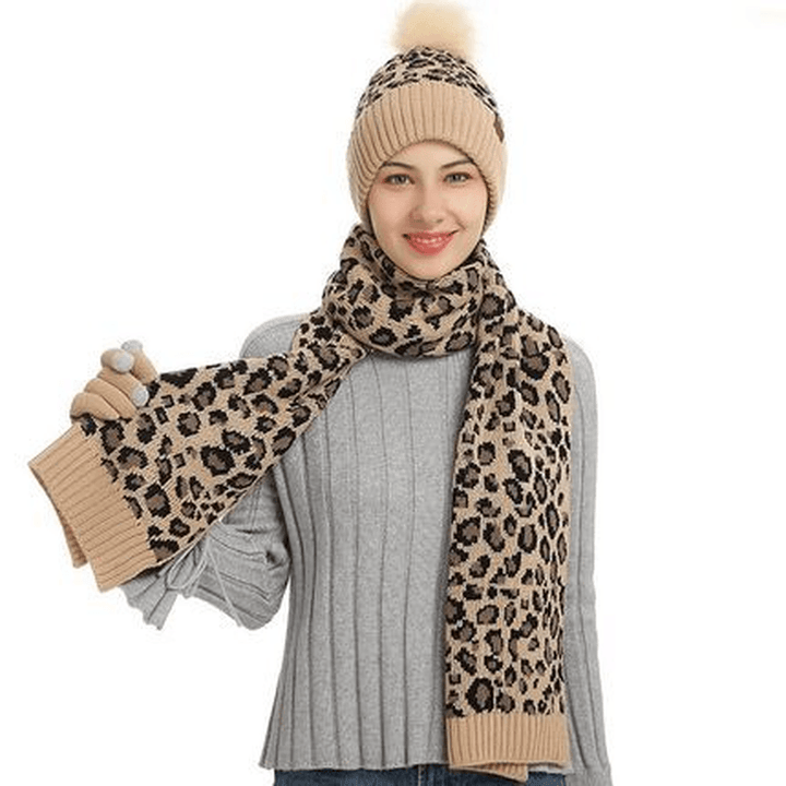 Winter Leopard Print Warm Knitted Wool Hat Scarf Gloves Three Piece Set - MRSLM