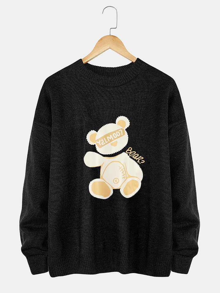 Mens Cartoon Bear Print Crew Neck Knit Casual Pullover Sweaters - MRSLM