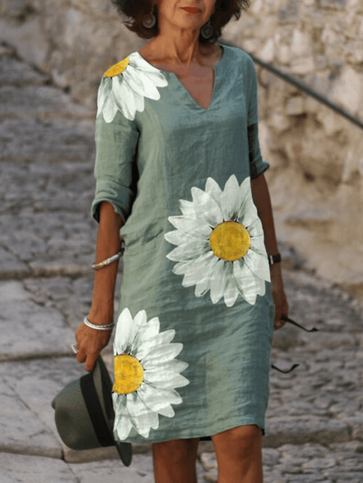 Women Plant Leaves Print Notched Neckline Vintage Half Sleeve Dresses - MRSLM