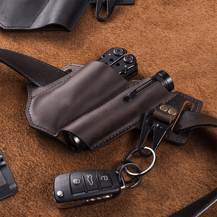 Ekphero EDC Outdoor Genuine Leather Multifunction Flashlight Belt Sheath with Keychain Belt Bag Waist Bag - MRSLM