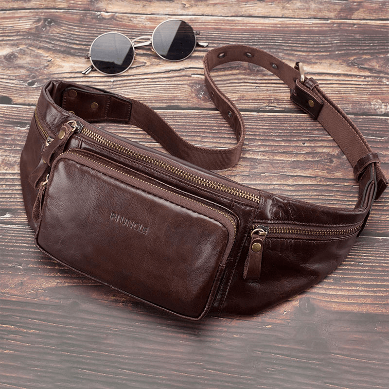 Men Genuine Leather Retro Sport Outdoor Multi-Carry Chest Bag Sling Bag Crossbody Bag Waist Bag - MRSLM