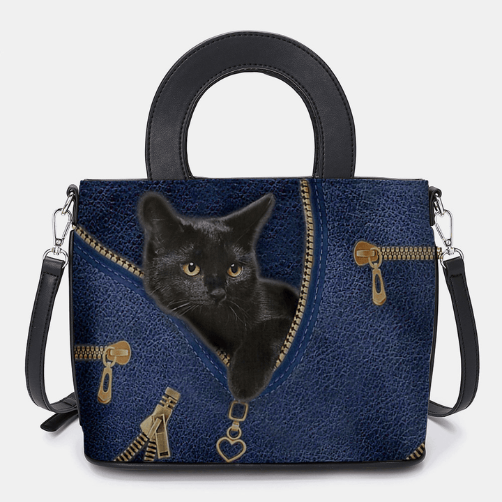 Women Faux Leather Cartoon Black Cat Pattern Multi-Carry Handbag Crossbody Bag Satchel Bag - MRSLM